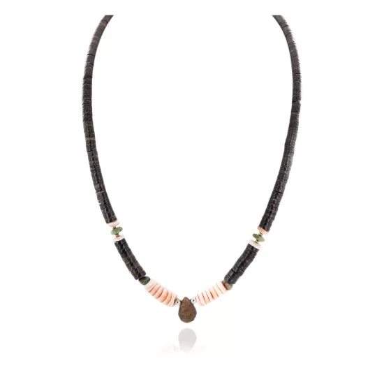 Certified Authentic Navajo .925 Sterling Silver Natural Turquoise Graduated Heishi and Spiny Oyster Native American Necklace 17081-6 Certified Authentic Navajo .925 Sterling Silver Natural Turquoise Graduated Heishi and Spiny Oyster Native American Necklace 17081-6