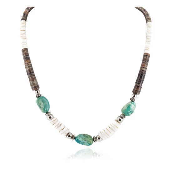 Certified Authentic Navajo .925 Sterling Silver Natural Turquoise Graduated Heishi and Spiny Oyster Native American Necklace 25228-2