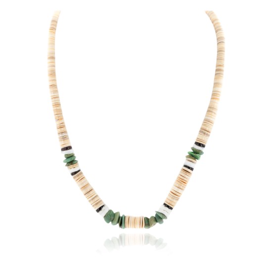 Certified Authentic Navajo .925 Sterling Silver Natural Turquoise Graduated Melon Shell and Heishi Native American Necklace 15845-7