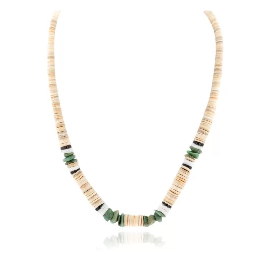 Certified Authentic Navajo .925 Sterling Silver Natural Turquoise Graduated Melon Shell and Heishi Native American Necklace 15845-7 Certified Authentic Navajo .925 Sterling Silver Natural Turquoise Graduated Melon Shell and Heishi Native American Necklace 15845-7