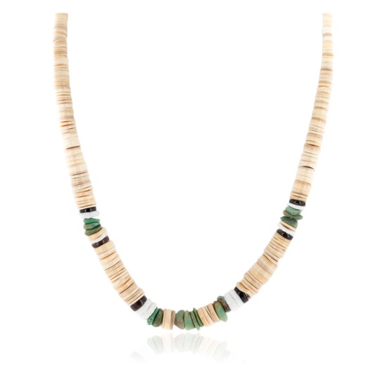 Certified Authentic Navajo .925 Sterling Silver Natural Turquoise Graduated Melon Shell and Heishi Native American Necklace 15845-8 Certified Authentic Navajo .925 Sterling Silver Natural Turquoise Graduated Melon Shell and Heishi Native American Necklace 15845-8