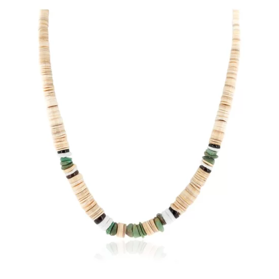 Certified Authentic Navajo .925 Sterling Silver Natural Turquoise Graduated Melon Shell and Heishi Native American Necklace 15845-8 Certified Authentic Navajo .925 Sterling Silver Natural Turquoise Graduated Melon Shell and Heishi Native American Necklace 15845-8