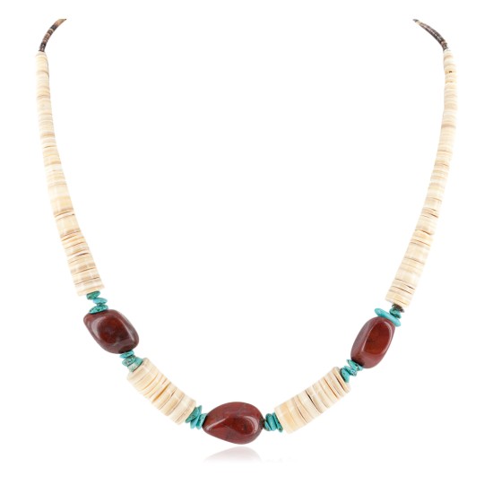 Certified Authentic Navajo .925 Sterling Silver Natural Turquoise Graduated Melon Shell and Red Jasper Native American Necklace 25235-3