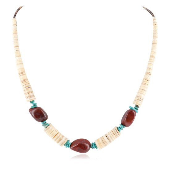 Certified Authentic Navajo .925 Sterling Silver Natural Turquoise Graduated Melon Shell and Red Jasper Native American Necklace 25235-3 Certified Authentic Navajo .925 Sterling Silver Natural Turquoise Graduated Melon Shell and Red Jasper Native American Necklace 25235-3