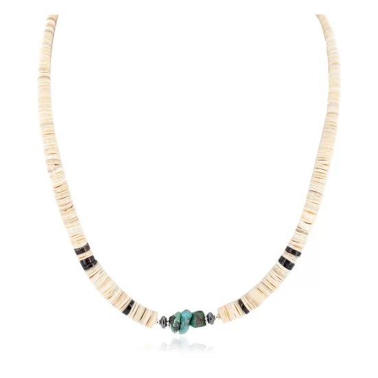 Certified Authentic Navajo .925 Sterling Silver Natural Turquoise Graduated Melon Shell Hematite Native American Necklace 14905-3