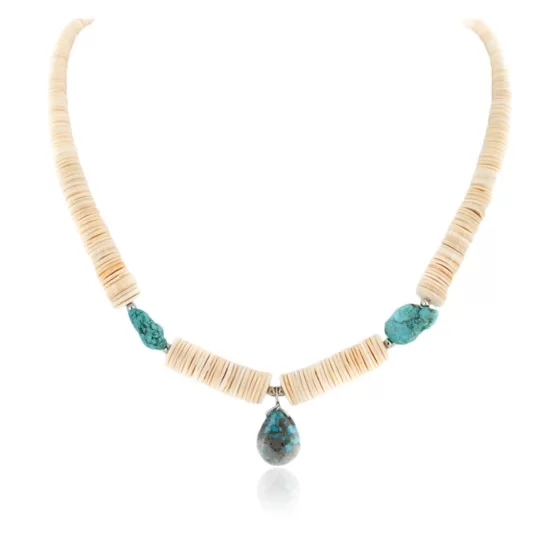Certified Authentic Navajo .925 Sterling Silver Natural Turquoise Graduated Melon Shell Native American Necklace 15213-337