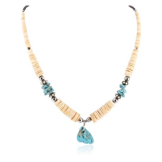 Certified Authentic Navajo .925 Sterling Silver Natural Turquoise Graduated Melon Shell Native American Necklace 15412-5 Certified Authentic Navajo .925 Sterling Silver Natural Turquoise Graduated Melon Shell Native American Necklace 15412-5