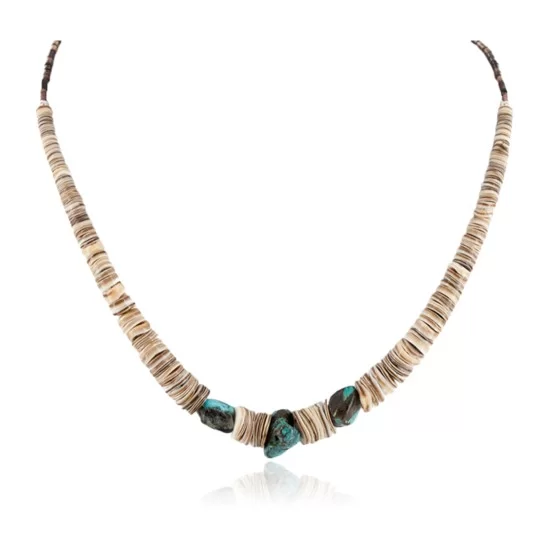 Certified Authentic Navajo .925 Sterling Silver Natural Turquoise Graduated Melon Shell Native American Necklace 15427-6 Certified Authentic Navajo .925 Sterling Silver Natural Turquoise Graduated Melon Shell Native American Necklace 15427-6