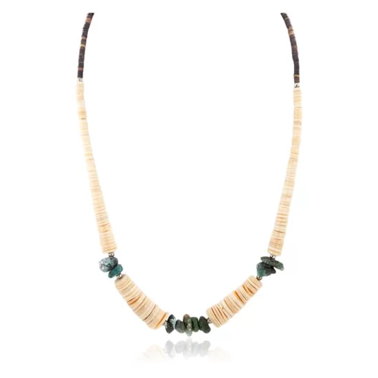 Certified Authentic Navajo .925 Sterling Silver Natural Turquoise Graduated Melon Shell Native American Necklace 15432-113