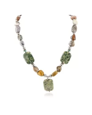 Certified Authentic Navajo .925 Sterling Silver Natural Turquoise Green Jasper Agate Native American Necklace 15422-67