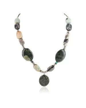 Certified Authentic Navajo .925 Sterling Silver Natural Turquoise Green Jasper Agate Native American Necklace 15554-11