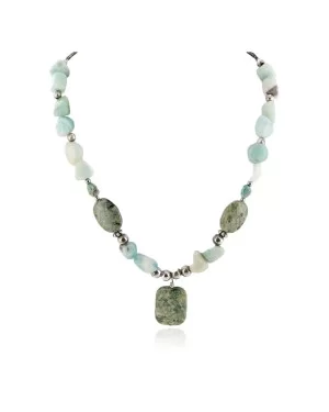 Certified Authentic Navajo .925 Sterling Silver Natural Turquoise Green Jasper Jade Native American Necklace 15432-54