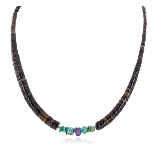 Certified Authentic Navajo .925 Sterling Silver Natural Turquoise Heishi Amethyst Native American Necklace 25285-2 Certified Authentic Navajo .925 Sterling Silver Natural Turquoise Heishi Amethyst Native American Necklace 25285-2