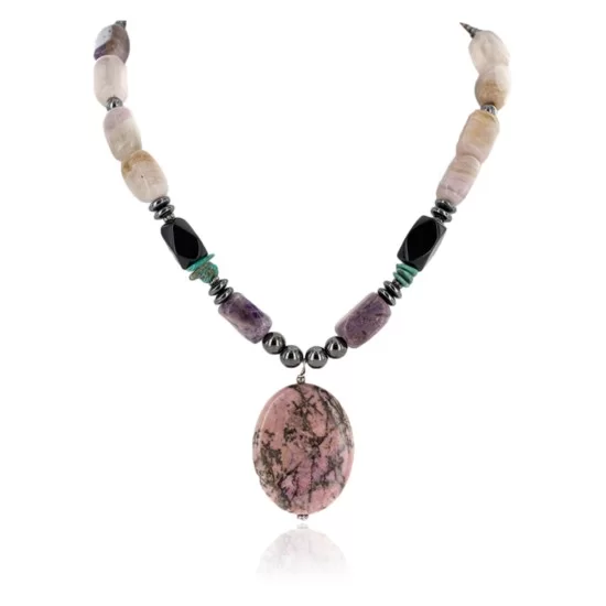 Certified Authentic Navajo .925 Sterling Silver Natural Turquoise Hematite Charoite Agate and Black Onyx Native American Necklace 15868-20 Certified Authentic Navajo .925 Sterling Silver Natural Turquoise Hematite Charoite Agate and Black Onyx Native American Necklace 15868-20