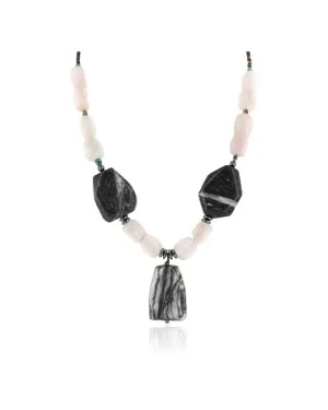 Navajo .925 Sterling Silver Natural Turquoise Hematite Snowflake Stone and Pink Quartz Necklace NB160122230024 Navajo .925 Sterling Silver Natural Turquoise Hematite Snowflake Stone and Pink Quartz Necklace NB160122230024