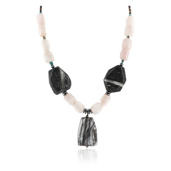 Navajo .925 Sterling Silver Natural Turquoise Hematite Snowflake Stone and Pink Quartz Necklace NB160122230024 Navajo .925 Sterling Silver Natural Turquoise Hematite Snowflake Stone and Pink Quartz Necklace NB160122230024