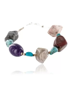 Certified Authentic Navajo .925 Sterling Silver Natural Turquoise, Jasper and Agate Native American Bracelet 371000092097