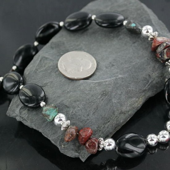 Certified Authentic Navajo .925 Sterling Silver Natural Turquoise Jasper and Onyx Native American Necklace 15432-28 Certified Authentic Navajo .925 Sterling Silver Natural Turquoise Jasper and Onyx Native American Necklace 15432-28