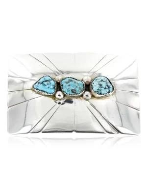 Certified Authentic Navajo .925 Sterling Silver Natural Turquoise Native American Buckle 1194-1