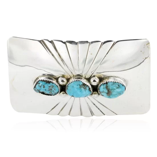 Certified Authentic Navajo .925 Sterling Silver Natural Turquoise Native American Buckle 1194-2 Certified Authentic Navajo .925 Sterling Silver Natural Turquoise Native American Buckle 1194-2