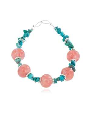 Certified Authentic Navajo .925 Sterling Silver Natural Turquoise Native American Pink Quartz Bracelet 12891-4