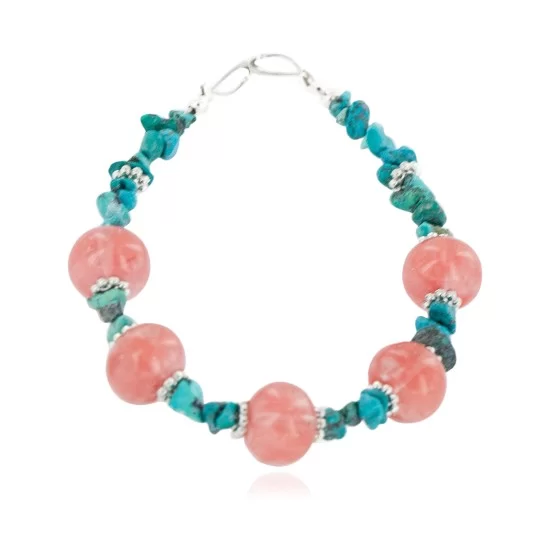 Certified Authentic Navajo .925 Sterling Silver Natural Turquoise Native American Pink Quartz Bracelet 12891-4
