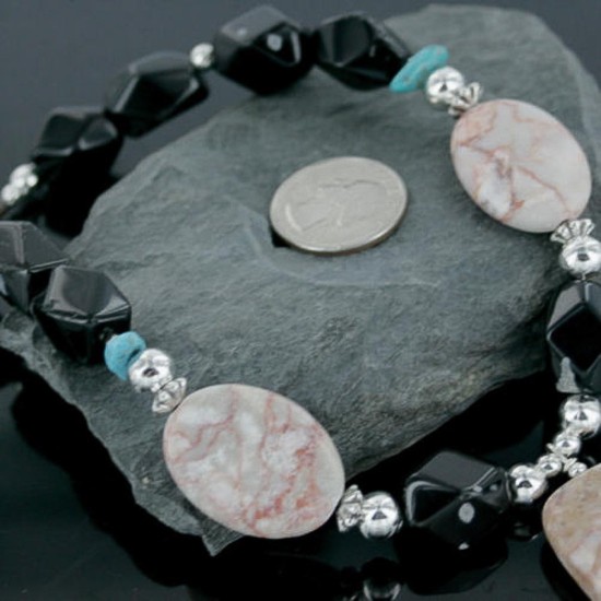 Navajo .925 Sterling Silver Natural Turquoise Onyx Native American Necklace 15215-19 Navajo .925 Sterling Silver Natural Turquoise Onyx Native American Necklace 15215-19