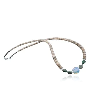 Certified Authentic Navajo .925 Sterling Silver Natural Turquoise Opalite Graduated Heishi Native American Necklace 7501008-36