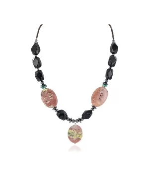 Certified Authentic Navajo .925 Sterling Silver Natural Turquoise Pink Jasper Black Onyx Hematite Native American Necklace 16092-2