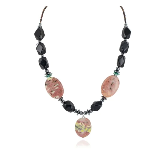 Certified Authentic Navajo .925 Sterling Silver Natural Turquoise Pink Jasper Black Onyx Hematite Native American Necklace 16092-2