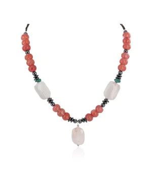 Certified Authentic Navajo .925 Sterling Silver Natural Turquoise Pink Quartz Hematite Native American Necklace  750199-3