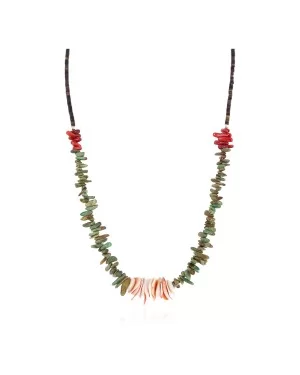 Certified Authentic Navajo .925 Sterling Silver Natural Turquoise, Spiny Oyster and Coral Native American Necklace 25341-1