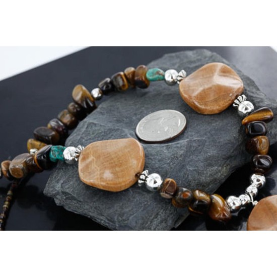 Certified Authentic Navajo .925 Sterling Silver Natural Turquoise Tigers Eye Jasper Native American Necklace 15824-9 Certified Authentic Navajo .925 Sterling Silver Natural Turquoise Tigers Eye Jasper Native American Necklace 15824-9