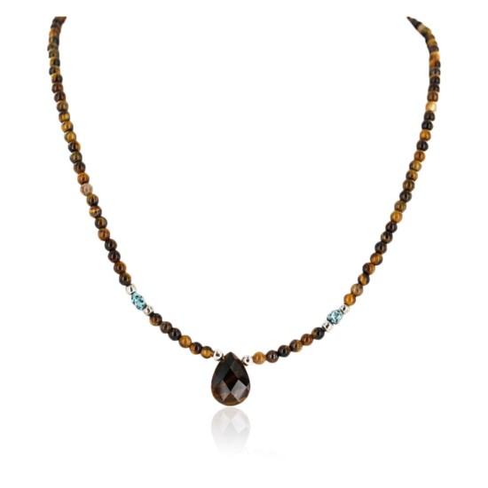 Certified Authentic Navajo .925 Sterling Silver Natural Turquoise Tigers Eye Native American Necklace 25231-23