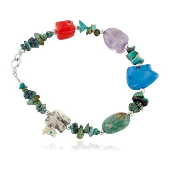 Certified Authentic Navajo .925 Sterling Silver Turquoise Amethyst Jasper Coral Native American Bracelet 12979-4