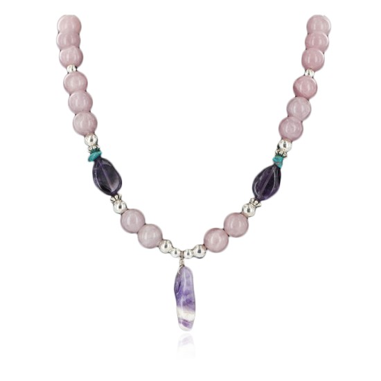 Certified Authentic Navajo .925 Sterling Silver Turquoise Amythyst Pink Agate Native American Necklace 16000 Certified Authentic Navajo .925 Sterling Silver Turquoise Amythyst Pink Agate Native American Necklace 16000