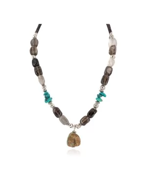 Certified Authentic Navajo .925 Sterling Silver Turquoise Smoky Quartz Native American Necklace 25341-4