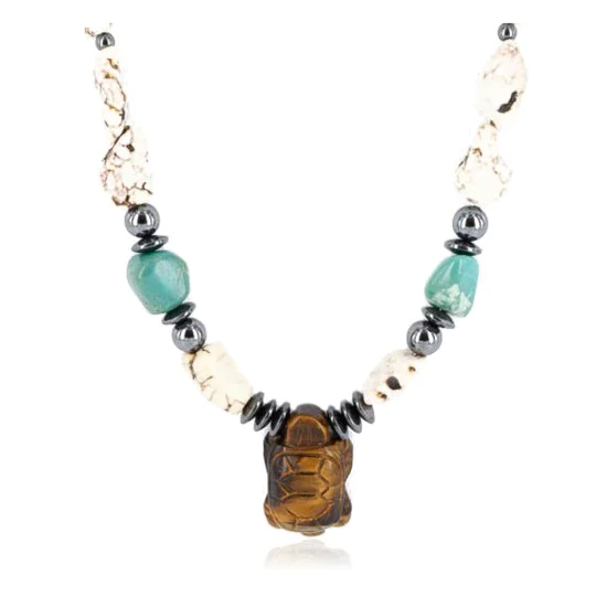 Certified Authentic Navajo .925 Sterling Silver Turquoise Tigers Eye Native American Necklace 15888-1