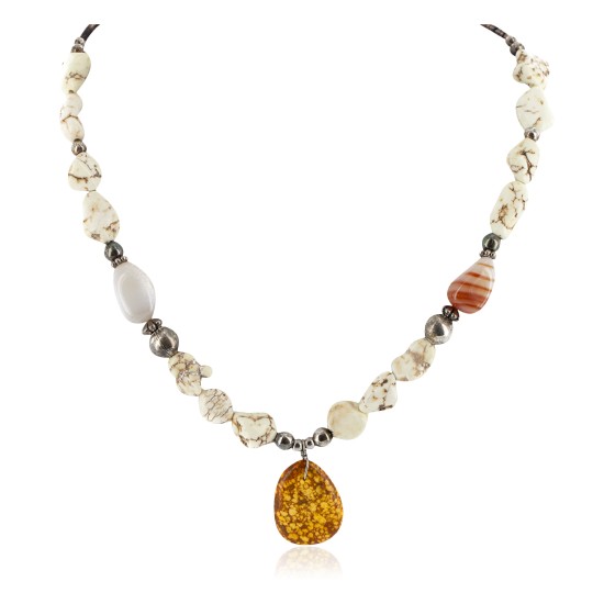 Certified Authentic Navajo .925 Sterling Silver White Howlite Carnelian Jasper Native American Necklace 15463-17
