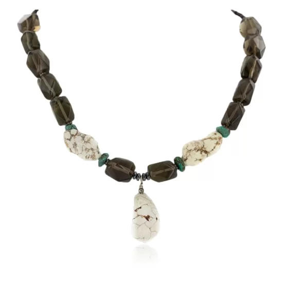 Certified Authentic Navajo .925 Sterling Silver White Howlite Smoky Quartz Native American Necklace 750114-30 Certified Authentic Navajo .925 Sterling Silver White Howlite Smoky Quartz Native American Necklace 750114-30