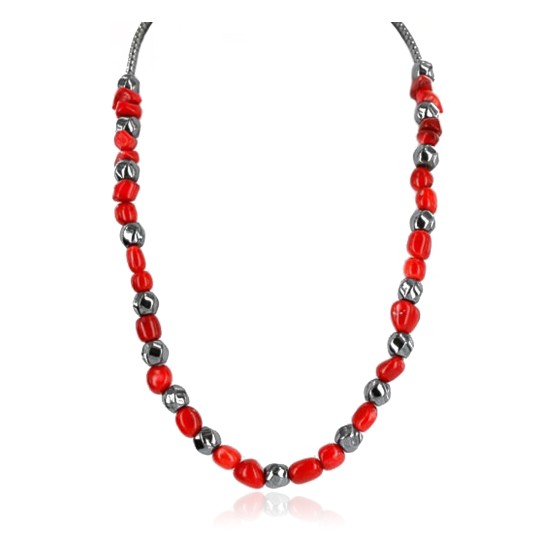 Certified Authentic Navajo .925n Sterling Silver HEMATITE and CORAL Neckalce Native American Necklace 25214-103