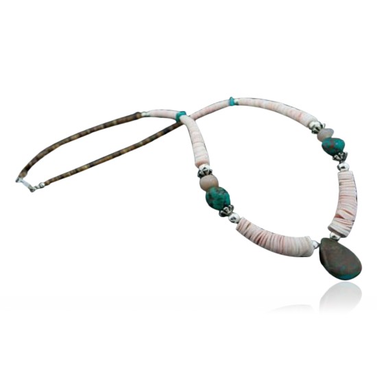 Certified Authentic Navajo Native .925 Sterling Silver Graduated Melon Shell and Turquoise DROP Native American Necklace 7501008-41