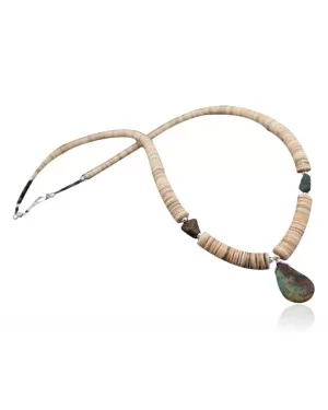 Certified Authentic Navajo Native .925 Sterling Silver Graduated Melon Shell and Turquoise DROP Native American Necklace 7501009-15