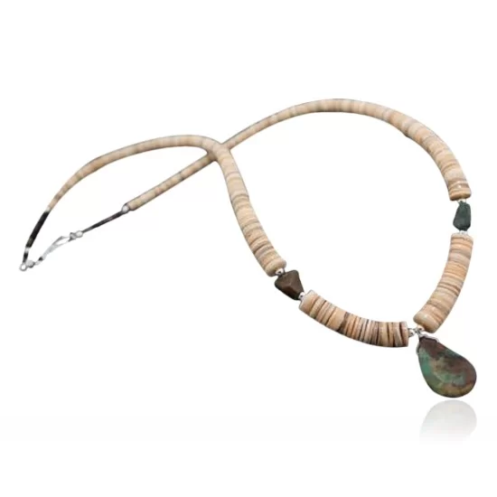 Certified Authentic Navajo Native .925 Sterling Silver Graduated Melon Shell and Turquoise DROP Native American Necklace 7501009-15 Certified Authentic Navajo Native .925 Sterling Silver Graduated Melon Shell and Turquoise DROP Native American Necklace 7501009-15