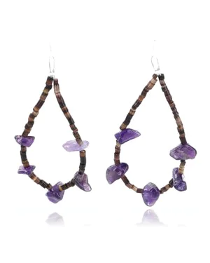Certified Authentic Navajo NATIVE .925 Sterling Silver Hooks Natural AMETHYST LOOP Native American Earrings 371018710604