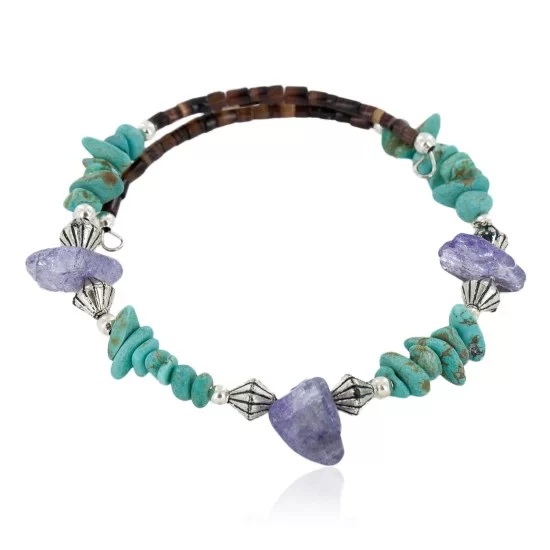 Navajo Natural Turquoise Amethyst Heishi Adjustable Wrap Bracelet 12742-76
