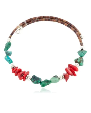 Navajo Natural Turquoise Coral Heishi Adjustable Wrap Bracelet 13037-6