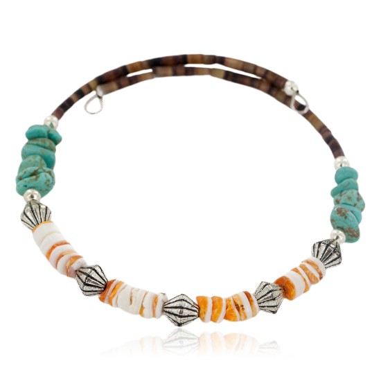 Certified Authentic Navajo Natural Turquoise Graduated Melon Shell Heishi Adjustable Wrap Native American Bracelet 12742-72