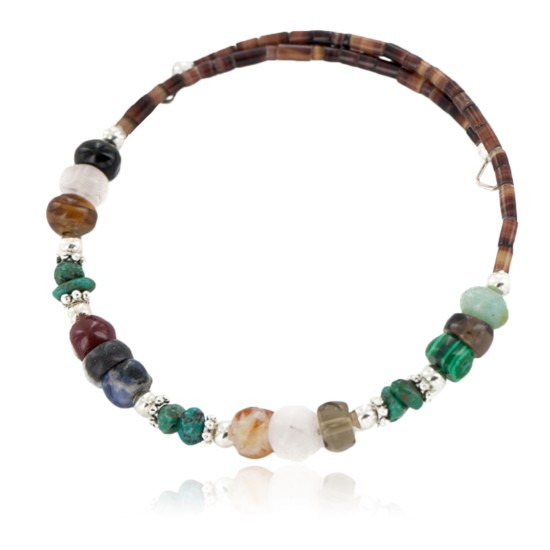 Certified Authentic Navajo Natural Turquoise Malachite Quartz Heishi Adjustable Wrap Native American Bracelet 13049-17