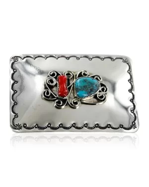 Certified Authentic Navajo Nickel Turquoise Native American Buckle 1192-3
